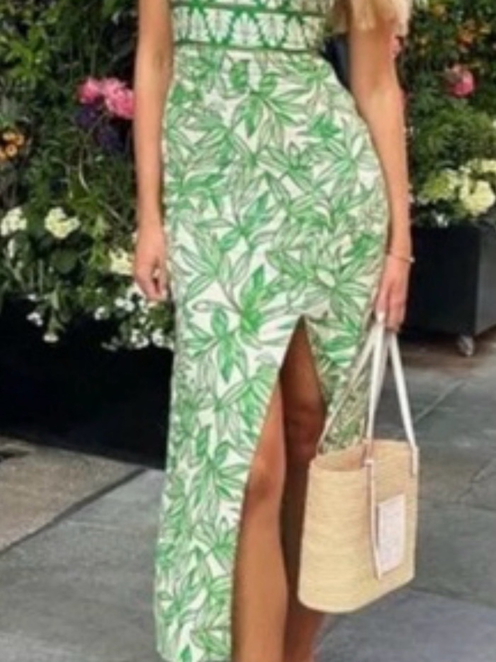 Zara *NWT* Green/White Midi Dress with Green Leaf Print and Front Split